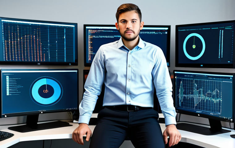 A focused professional cybersecurity expert, dressed in modest business casual attire (e.g., a well-fitting shirt and dark trousers), sitting intently at a modern workstation. Multiple large screens in front of them display abstract code, network diagrams, and secure data visualizations. The office environment is bright, clean, and futuristic, with a backdrop of blurred digital interfaces and soft ambient lighting. The pose is natural and active, indicating problem-solving and ethical collaboration. Full body shot from the waist up. Fully clothed, appropriate attire, safe for work, perfect anatomy, correct proportions, natural pose, well-formed hands, proper finger count, natural body proportions, professional photography, high quality image, modest clothing, family-friendly content.