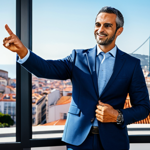 Home 17 **
A successful entrepreneur, fully clothed in a stylish and modern business suit, presenting a slideshow during a conference in Lisbon, Portugal. The background shows a vibrant cityscape. Perfect anatomy, correct proportions, natural pose, well-formed hands, proper finger count, natural body proportions, professional photography, high quality, safe for work, appropriate content, modest, family-friendly.
**