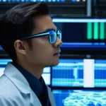 악성코드 샘플 분석 실습 - **Prompt:** A young, focused cybersecurity analyst, dressed in a professional lab coat over a smart ...