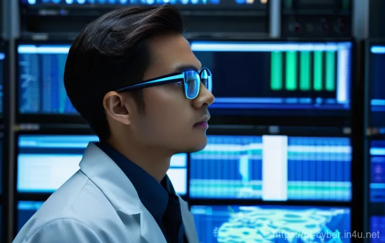 악성코드 샘플 분석 실습 - **Prompt:** A young, focused cybersecurity analyst, dressed in a professional lab coat over a smart ...