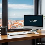 CISSP 자격증 공부 전략 - A modern home office study setup for a Portuguese-speaking professional preparing for the CISSP exam...