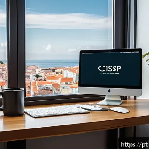 CISSP 자격증 공부 전략 - A modern home office study setup for a Portuguese-speaking professional preparing for the CISSP exam...