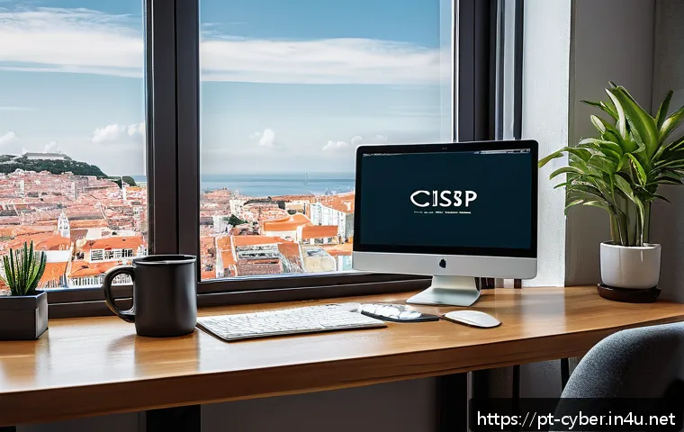 CISSP 자격증 공부 전략 - A modern home office study setup for a Portuguese-speaking professional preparing for the CISSP exam...