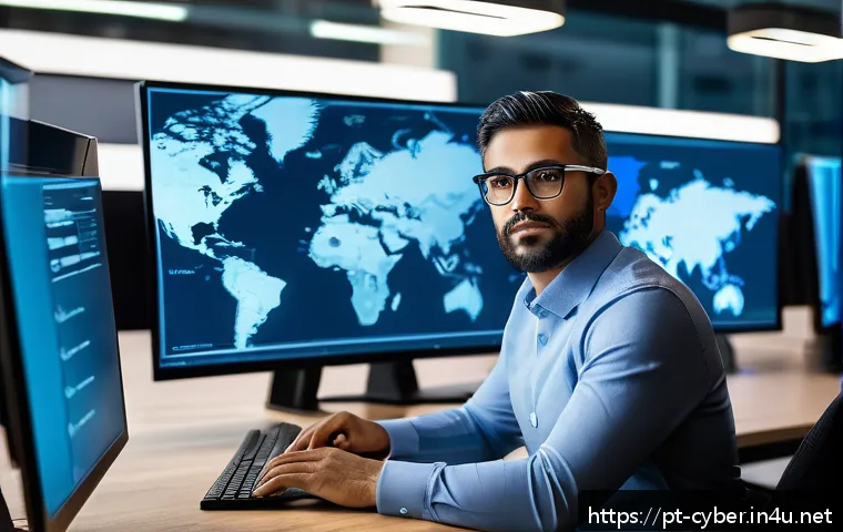 사이버보안 분야 이직 성공 사례 - A professional cybersecurity expert working in a high-tech office environment, analyzing real-time A...